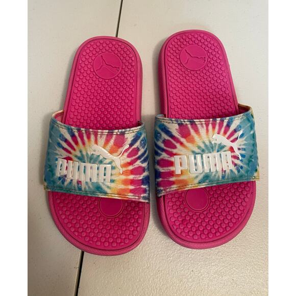 PUMA girls size 2 pink slide tie dye swirl color yellow blue slipper flip flop - Picture 8 of 9